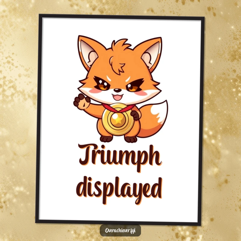 Funny driven fox poster, with a determined grin, presenting a shiny, oversized medal.