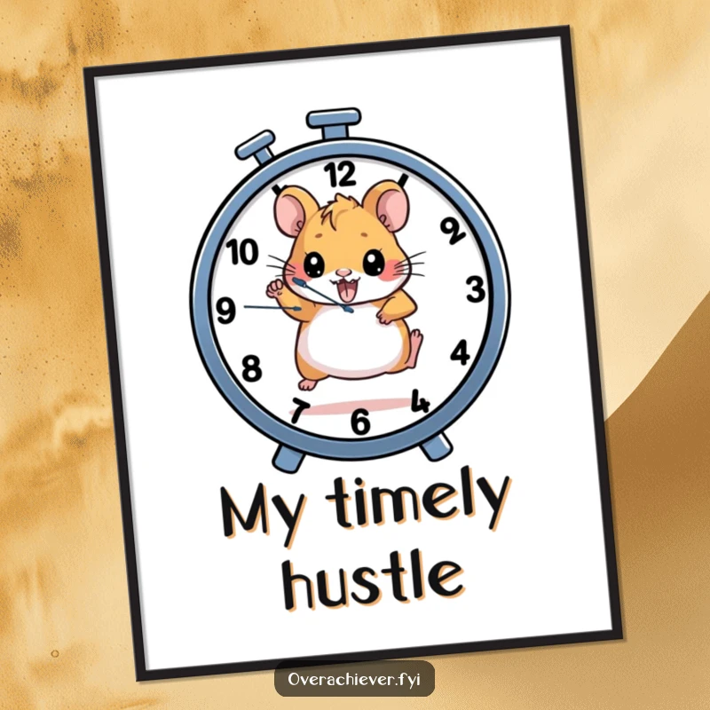 Funny poster featuring a determined hamster character running on a wheel that also functions as a clock, motivational wall art.