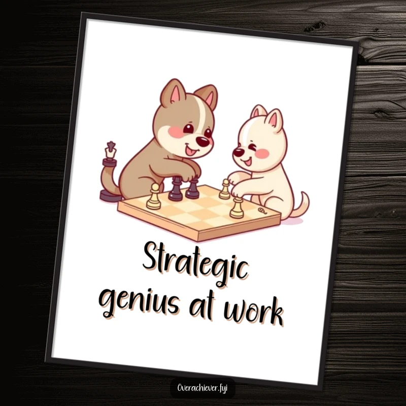 Funny kawaii dog character smirking after winning a chess game against itself, humorous wall art poster.