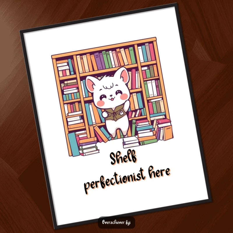 Funny animal poster, enthusiastically organizing a messy bookshelf into perfect alignment, creating artistic order and humor. A decorative gift.