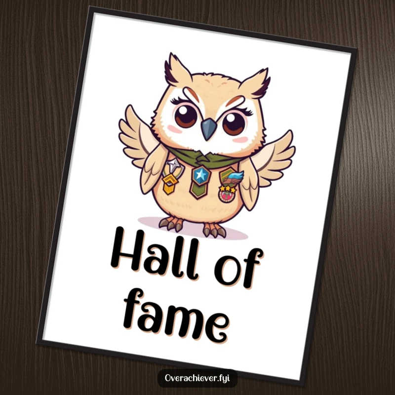 Funny poster featuring a diligent owl character proudly wearing numerous badges of honor, wise and accomplished wall art.