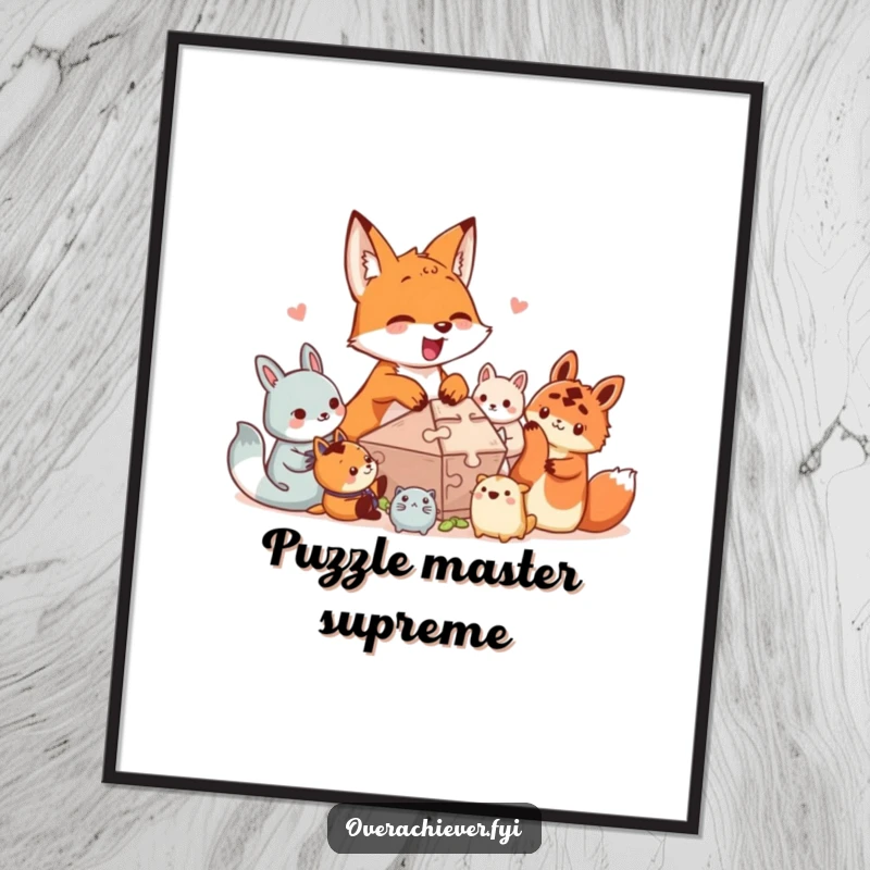Funny poster art: An excited fox character enthusiastically aids small creatures in solving a complex, colorful puzzle, embodying teamwork.
