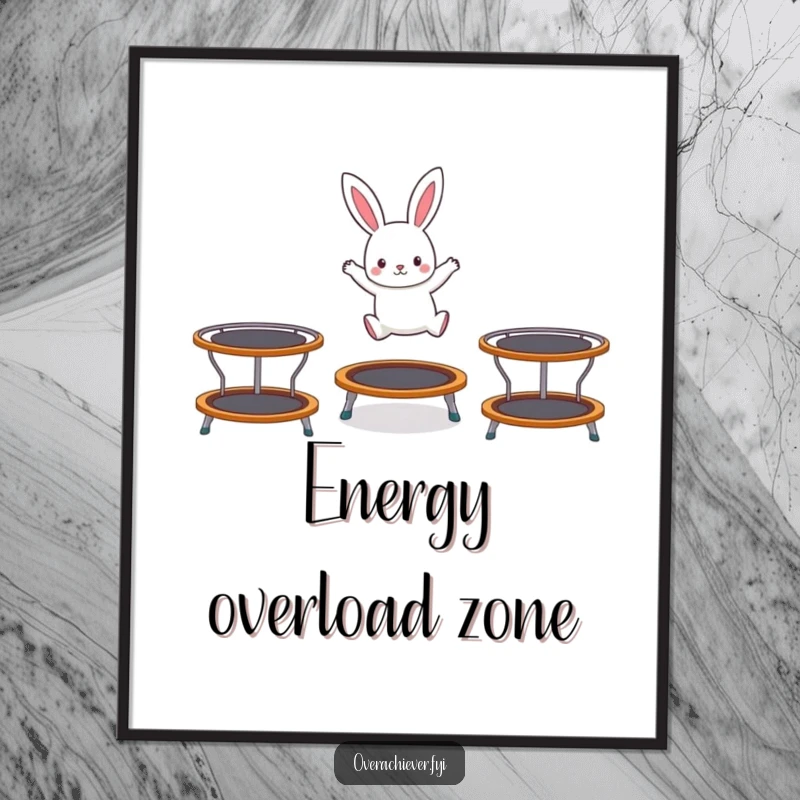 Funny poster of a tiny rabbit character simultaneously hopping energetically on three trampolines, capturing a moment of pure, bouncing joy.