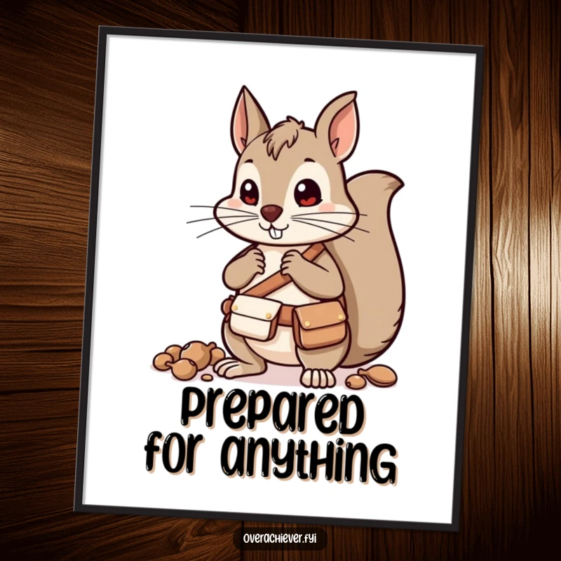 Funny determined squirrel character with pouches sorting nuts, motivational and humorous wall art.