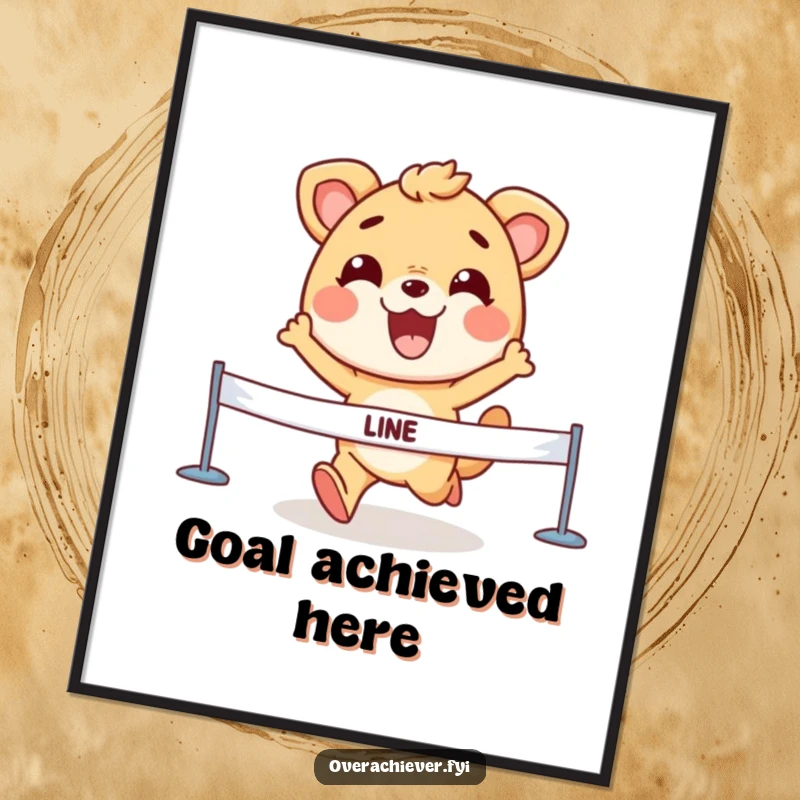 Funny Poster of an animal character crossing a finish line with a determined grin, celebrating the spirit of winning.