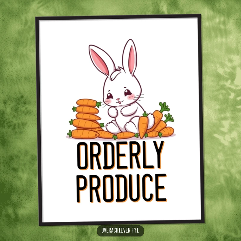 Funny Poster: A concentrated bunny character meticulously organizing a colorful stack of fresh carrots, bringing playful order to any wall.