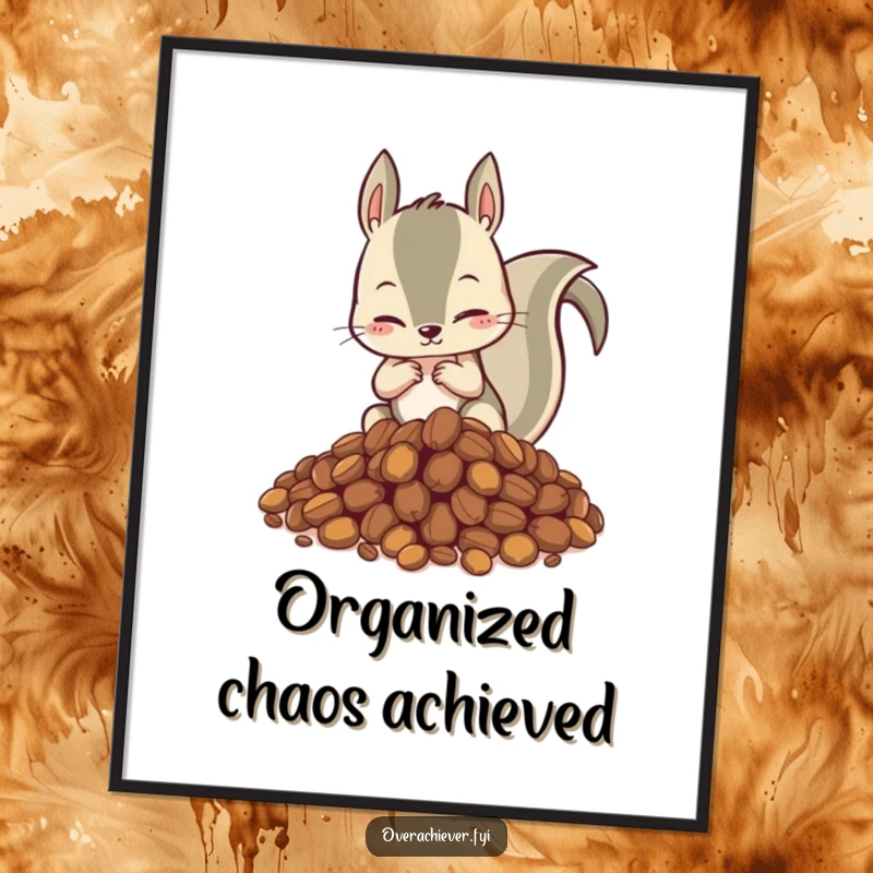 Funny poster of a hyperactive squirrel meticulously organizing a colossal pile of nuts, capturing a moment of extreme, humorous dedication.