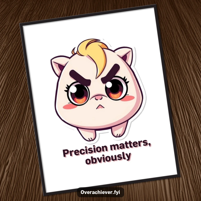 Funny poster of a character with wide, determined eyes, intensely ironing a single, tiny wrinkle with meticulous effort.