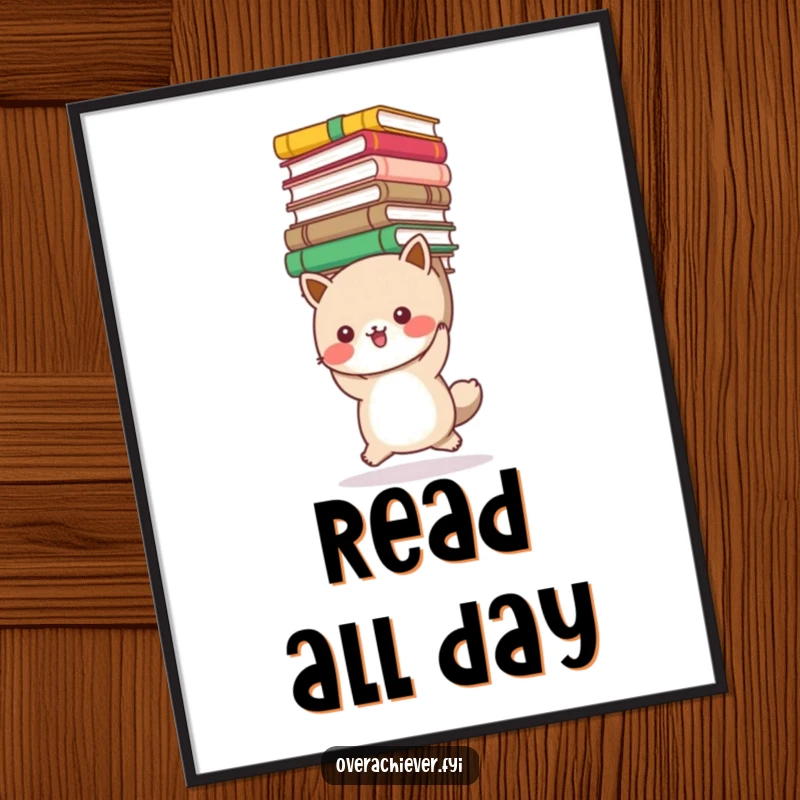 Funny bookworm animal poster featuring a cute character with an impossibly large stack of books, celebrating the joy of reading. Humorous wall art.