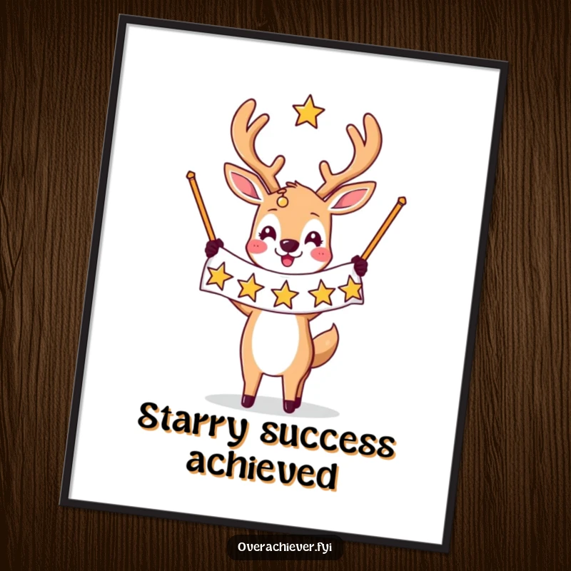 Funny poster art: A deer character triumphantly holds a banner covered in many stars, symbolizing dreams realized and joyful celebration.