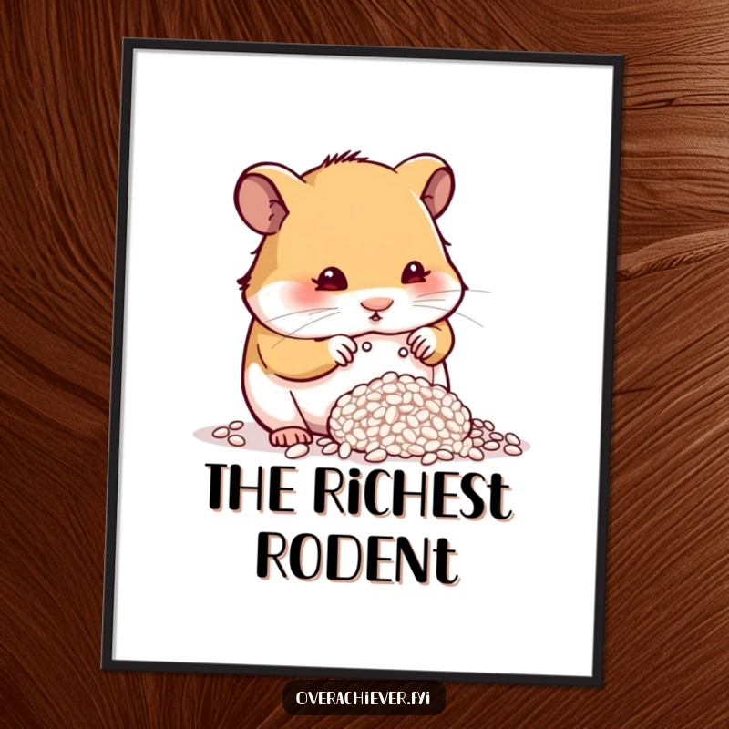 Funny determined hamster counting a single grain of rice on a poster, adding artistic focus and humor.