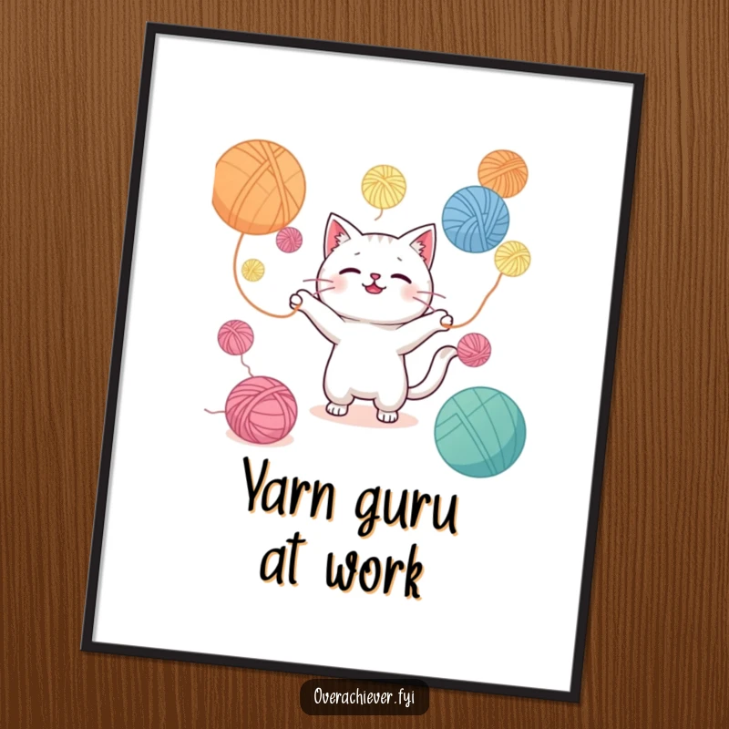Funny Kawaii cat art print of a cat hilariously juggling an immense quantity of colorful yarn balls, bringing joy and humor.
