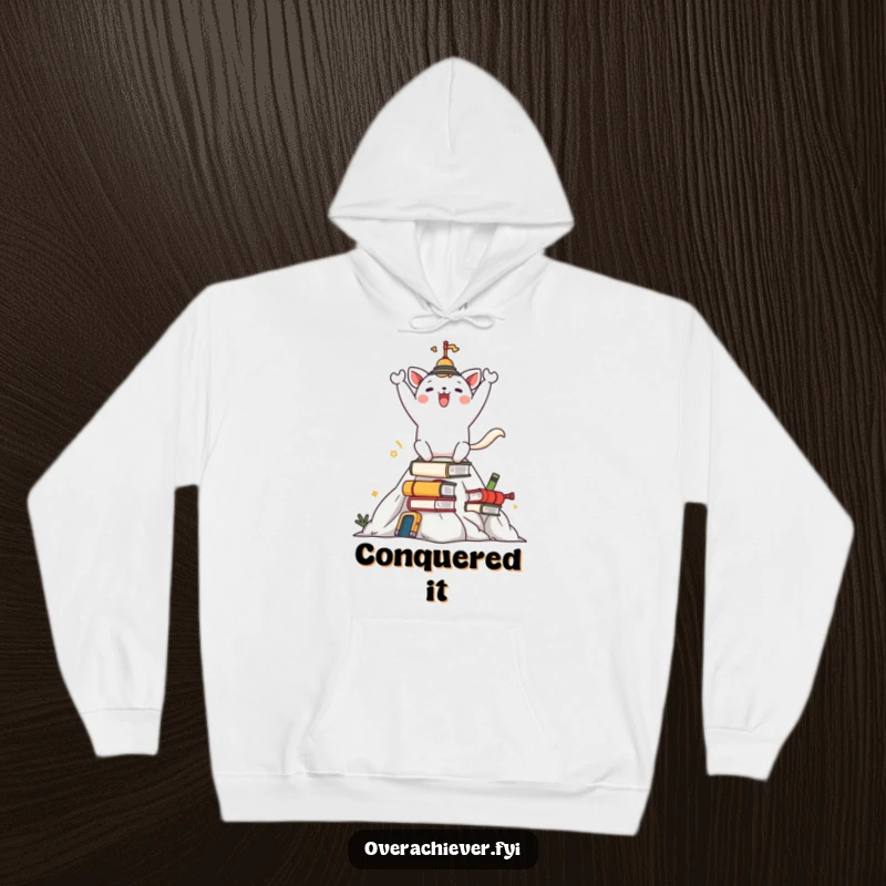 Funny hoodie with a happy animal character celebrating on a mountain of tasks, a warm and inspiring apparel item.