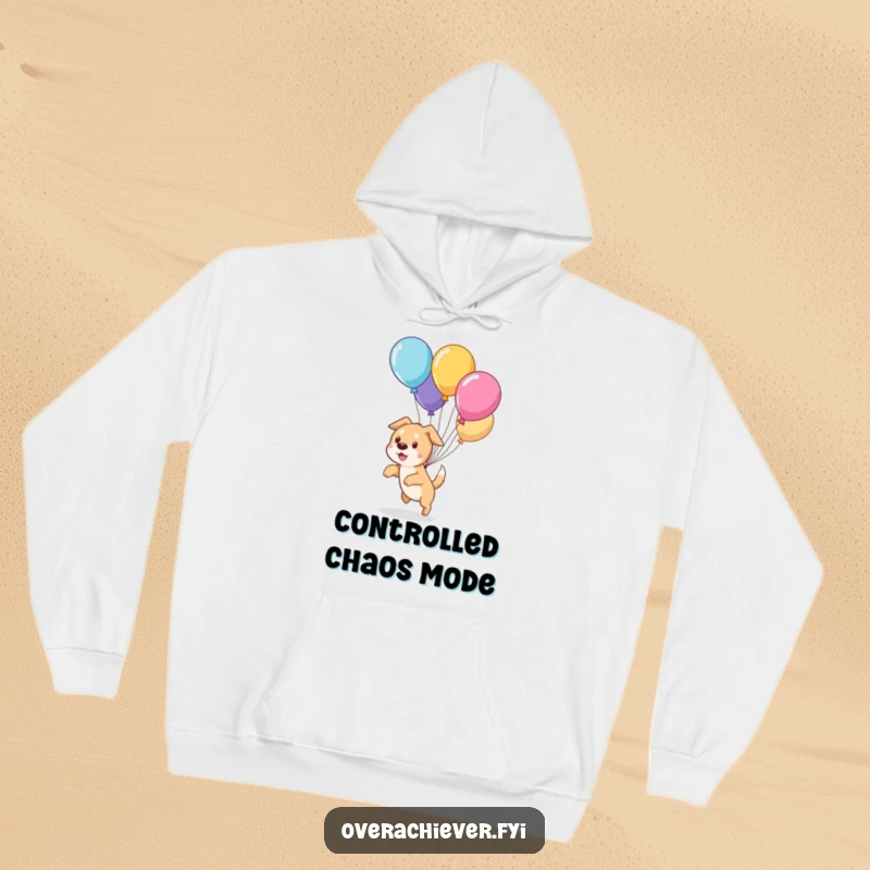 Cozy funny cute dog character in a humorous pursuit of managing runaway balloons on a warm hoodie, perfect for chilly days.
