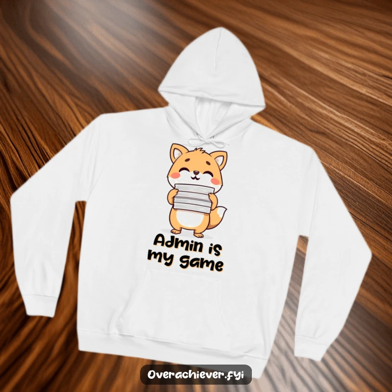 Funny Hoodie depicting a determined animal character holding a stack of completed papers, symbolizing triumphant productivity.
