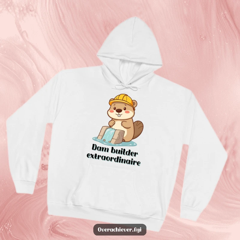 Funny beaver character in a hard hat intently building a dam, a warm and humorous hoodie.