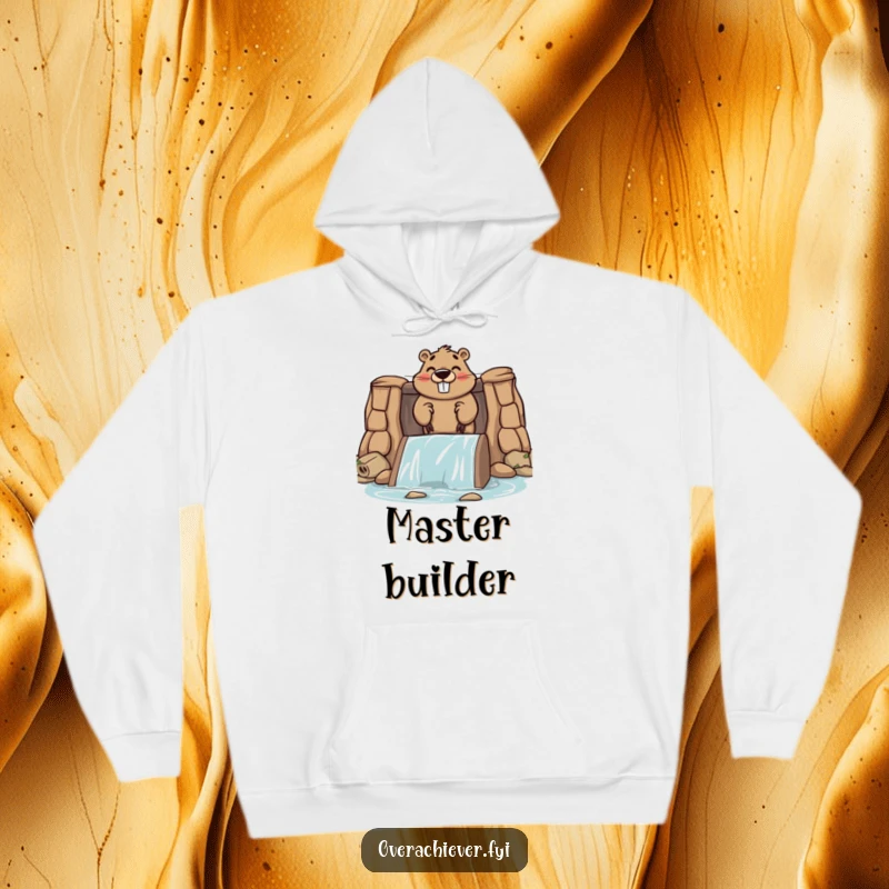 Funny hoodie depicting a cute beaver character with a proud smile, busy building an enormous dam.
