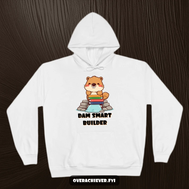 Funny hoodie illustrating a cheerful beaver character meticulously stacking books to construct a dam, offering warmth and intellectual amusement.