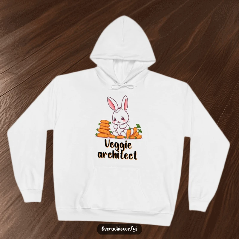 Funny Hoodie: A diligent bunny character precisely stacking colorful carrots, showcasing meticulousness and cute, fuzzy humor.