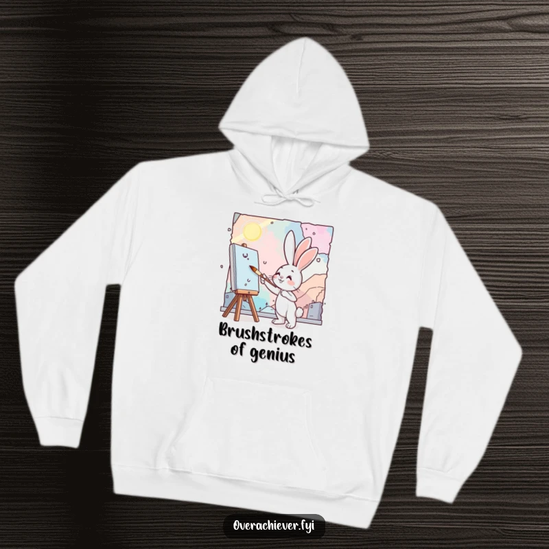 Funny bunny painting hoodie showing a determined bunny artist using a tiny brush to create a grand, vibrant mural.