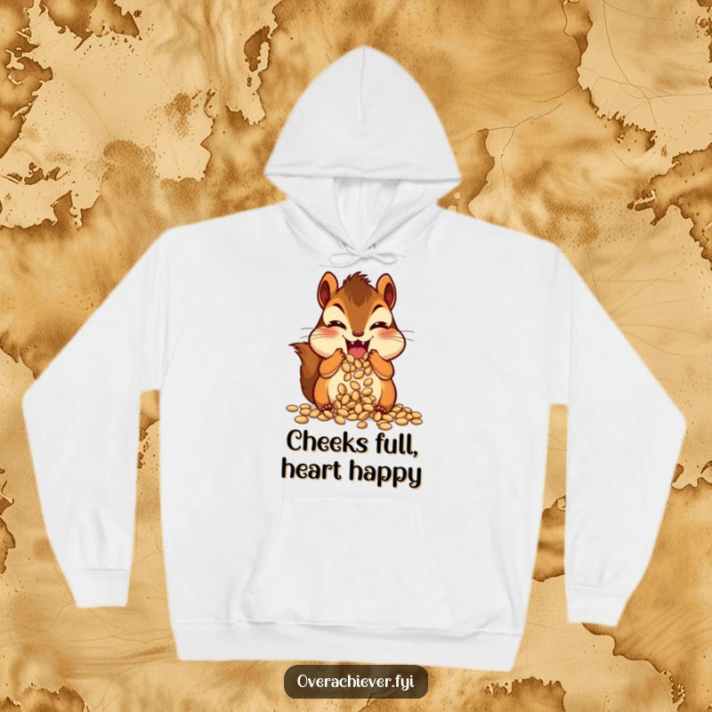 Funny chipmunk character looking ecstatic while stuffing its cheeks with a massive amount of seeds, a cozy hoodie.