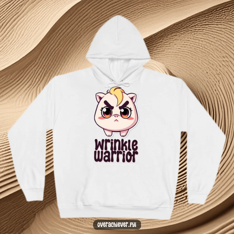 Funny hoodie showing a character with intense, determined eyes, carefully ironing a single, tiny wrinkle with extreme precision.