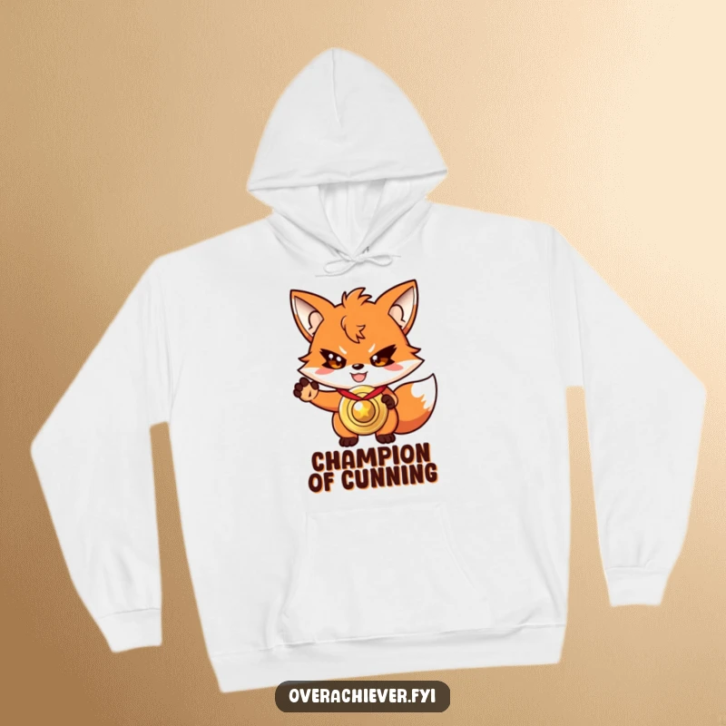 Funny driven fox hoodie, with a determined grin, presenting a shiny, oversized medal.
