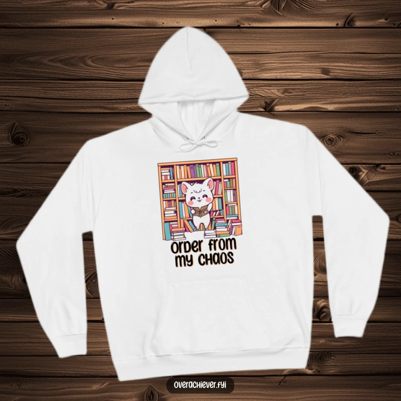 Funny animal hoodie, enthusiastically organizing a chaotic bookshelf with precision, offering warmth and hilarious tidiness. A perfect cozy gift.