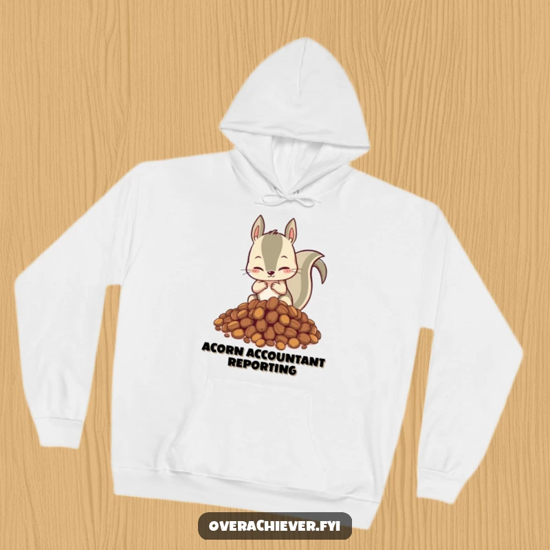 Funny hoodie with a hyperactive squirrel meticulously arranging a massive hoard of nuts, embodying focused, albeit frantic, organization.