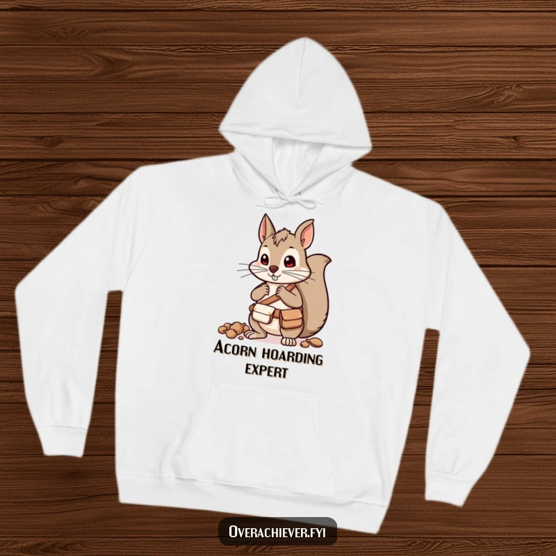 Funny squirrel character in a belt with pouches, sorting nuts, a warm and humorous hoodie.