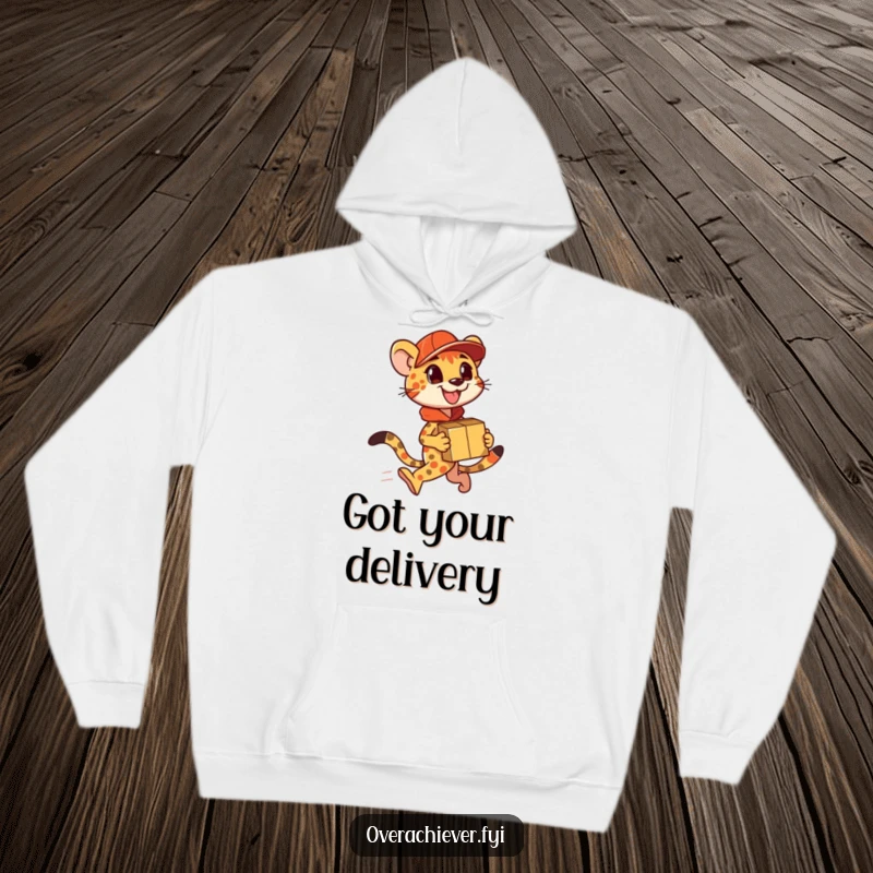 Funny Hoodie: A speedy cheetah character delivering many packages, offering cozy comfort and a humorous rush.