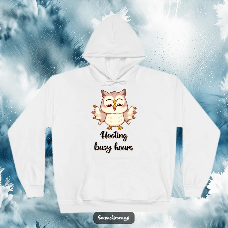 Funny cheerful owl character trying to multitask with too many scrolls unfurled, a warm and humorous hoodie.