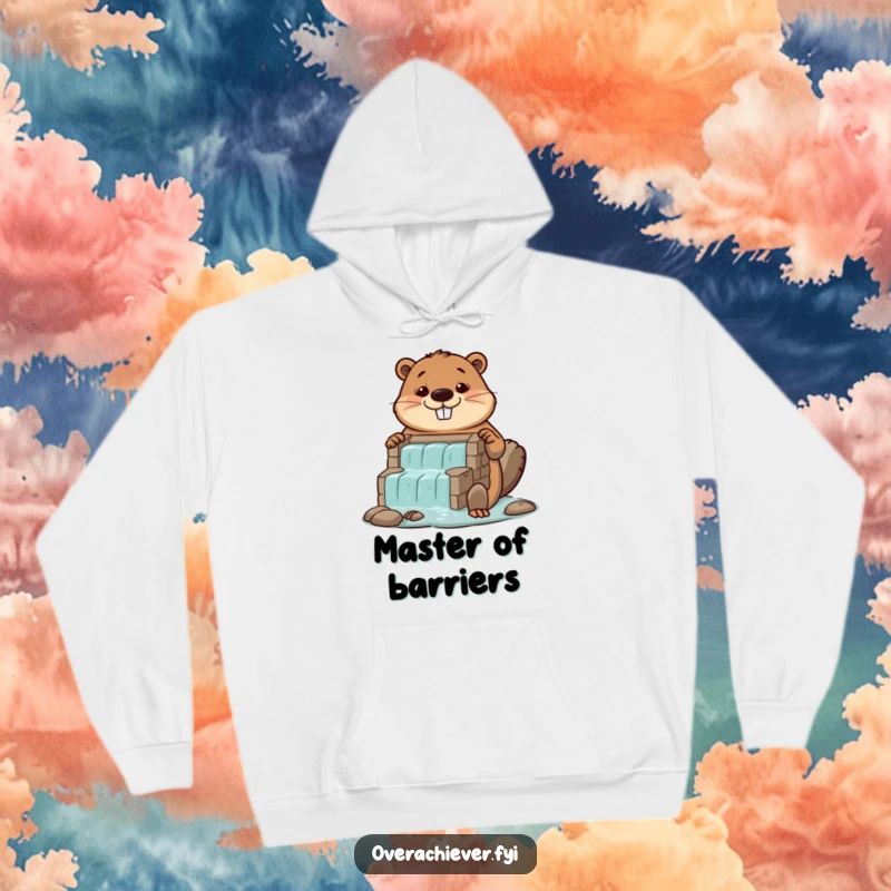 Funny diligent beaver hoodie, proudly presenting a colossal, perfectly built miniature dam.