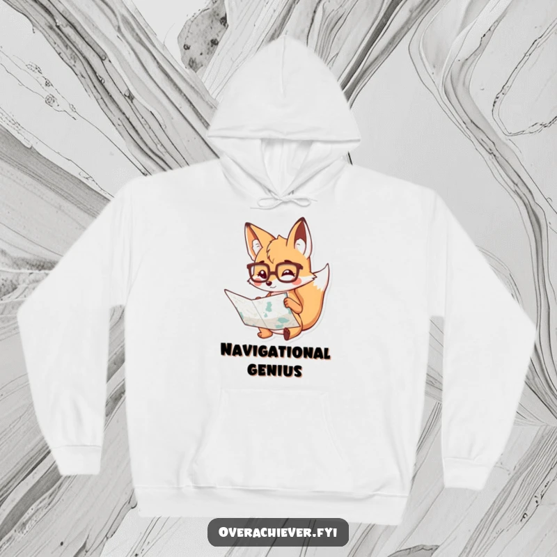 Funny Hoodie: A smart fox wearing eyeglasses, deeply focused on a large map, embodying intellectual humor and cozy exploration.