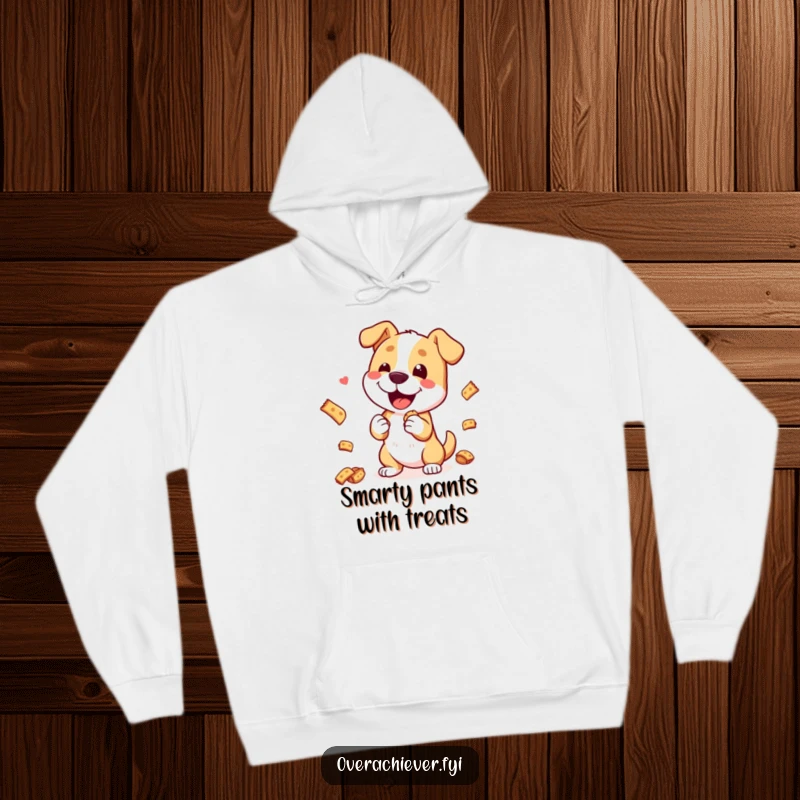 Funny Hoodie: A happy, skilled dog character performing a difficult trick with a pile of tasty treats, radiating joy.