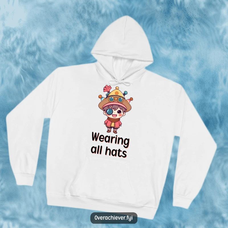 Funny multitasker hoodie depicting a proud character wearing a stack of hats, symbolizing varied skills and achievements. Comfortable and humorous outerwear.