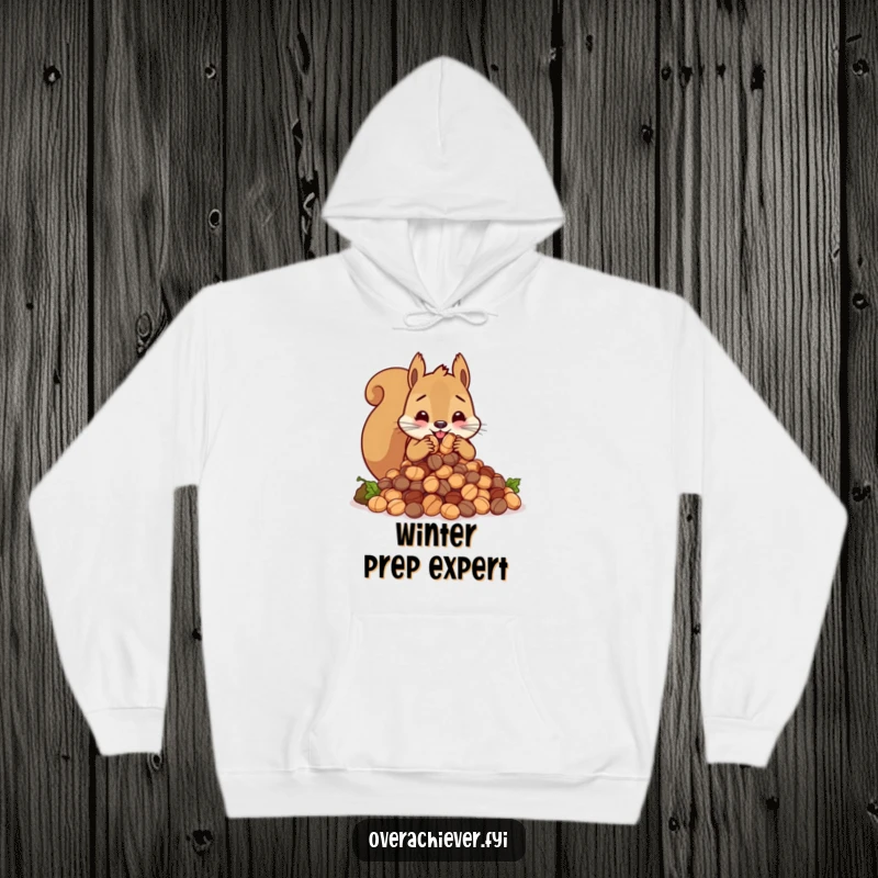 Funny cute squirrel character frantically stuffing an impossibly large amount of nuts, a warm and humorous hoodie.