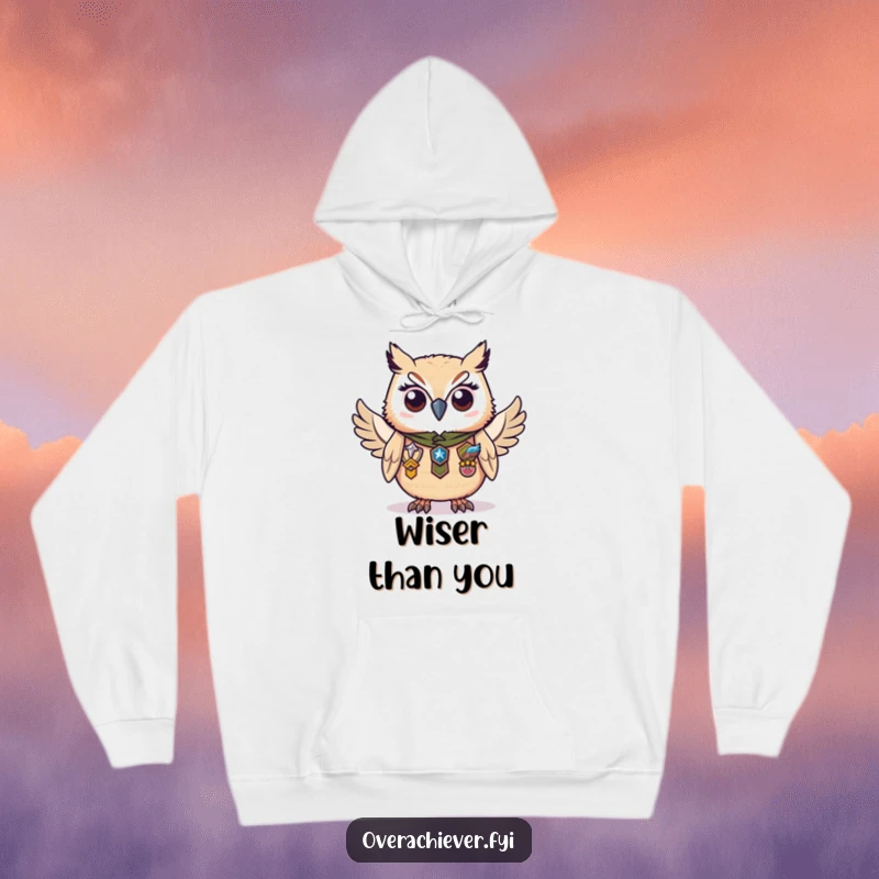 Funny hoodie with a diligent owl character proudly wearing numerous badges of honor, cozy and symbolizing achievement.