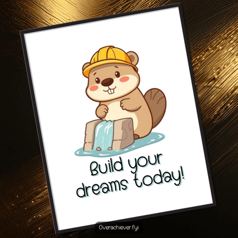 Funny Free Printable Wall Art of a beaver wearing a hard hat, intently building a miniature dam with dedication.