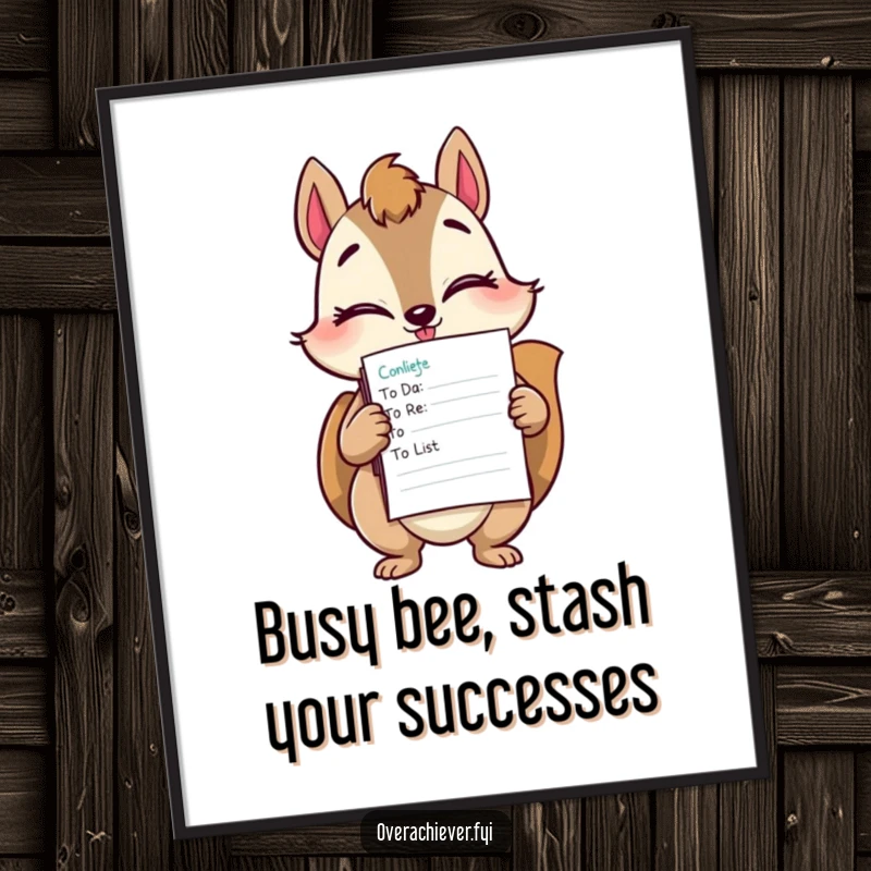 Funny Free Printable Squirrel Wall Art: A squirrel winks slyly while holding a massive pile of completed to-do lists, exuding success.