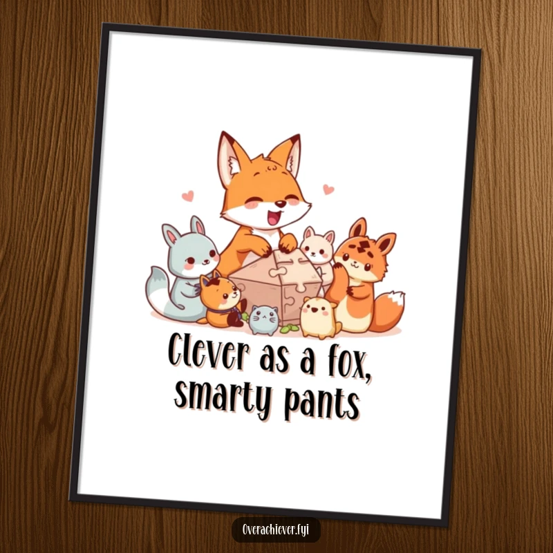 Funny Free Printable Wall Art: An excited fox character assists smaller creatures with a complex puzzle, bringing fun to decor.