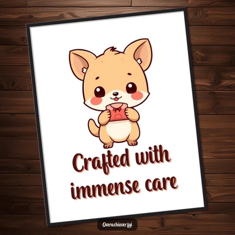 Funny Free Printable Wall Art: A tiny animal character happily presenting a perfectly made small object, highlighting craftsmanship.