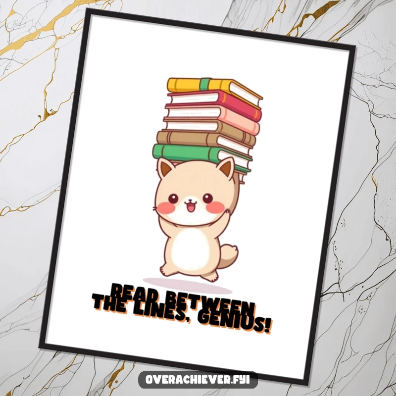 Funny Free Printable Wall Art: A cute animal character overloaded with books, perfect for any bibliophile's humor-filled space.