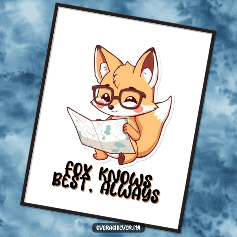 Funny Free Printable Wall Art: Playful fox character wearing spectacles, diligently studying a large map, intellectual humor.