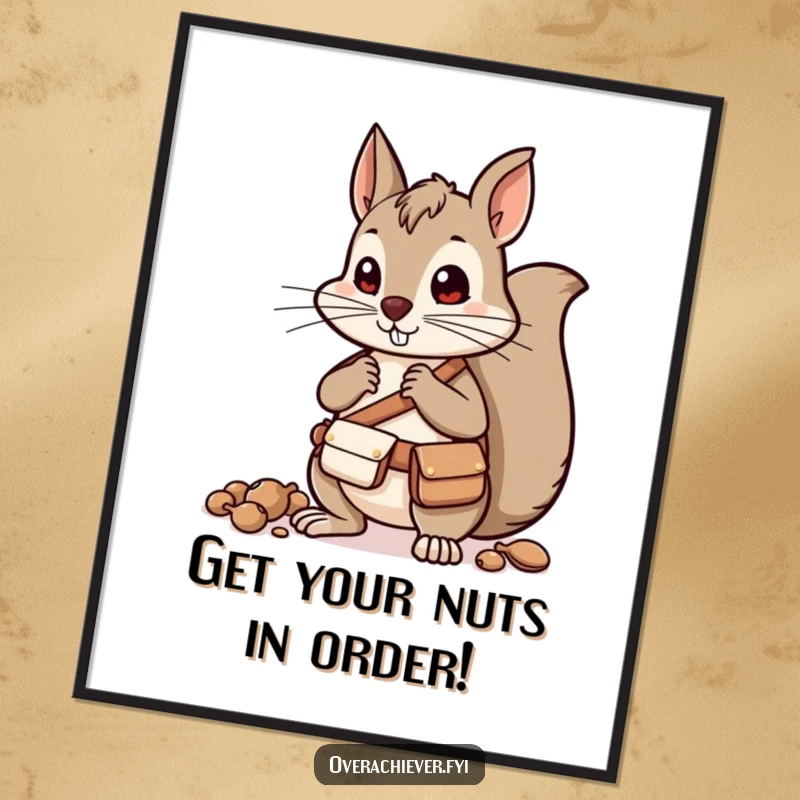 Funny Free Printable Wall Art of a determined squirrel wearing a pouch belt, diligently sorting a pile of nuts.