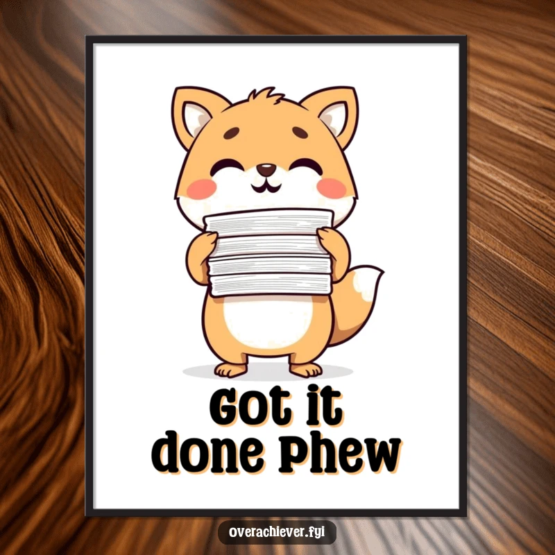 Funny Free Printable Wall Art: A determined animal character triumphantly clutches a large stack of completed papers, celebrating accomplishment.