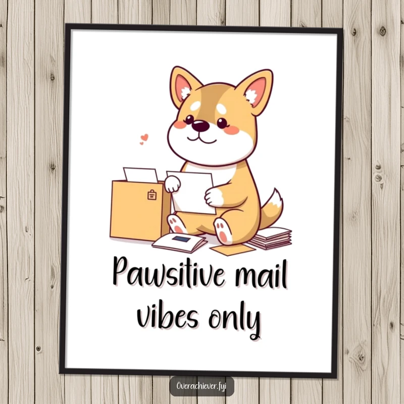 Funny Free Printable Wall Art: A bouncy dog wearing a mail carrier hat sorting letters with comical intensity, a delightful piece of downloadable art.