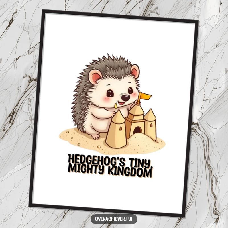 Funny Free Printable Wall Art: A playful hedgehog constructing a highly detailed miniature sandcastle, a charming piece of downloadable coastal humor.