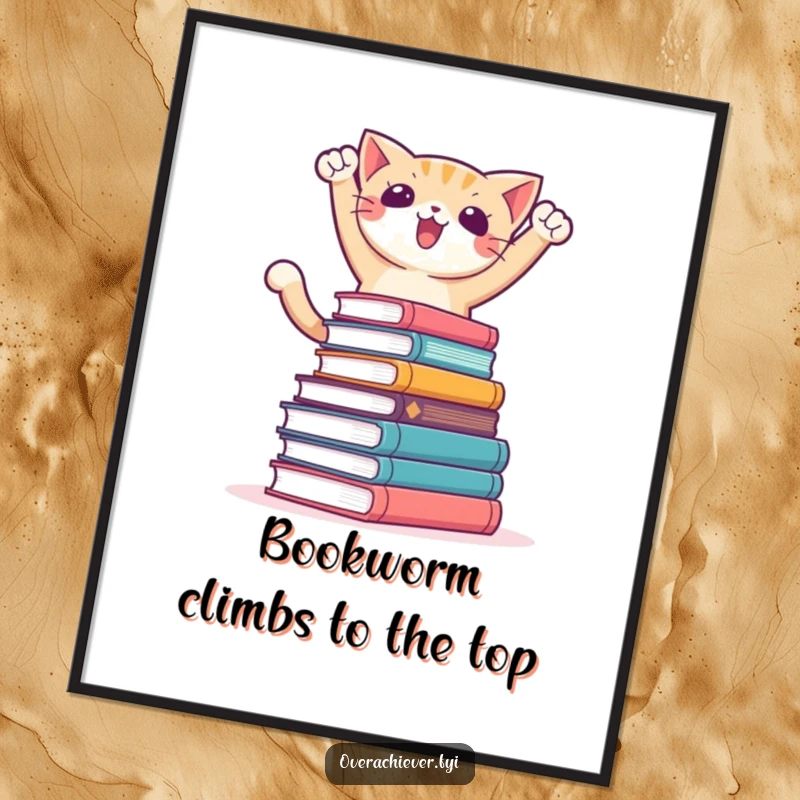 Funny Free Printable Wall Art: A determined cat character triumphantly perched atop a huge stack of books, celebrating achievement.
