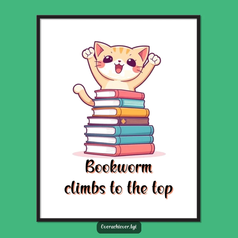 Free Printable Wall Art: Triumphant Cat Conquering Books, Hilarious Downloadable Decor